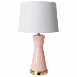 Pink Painted Glass Table Lamp With White Linen Shade