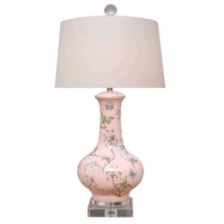 Pink Porcelain Cherry Blossom Vase Lamp With Crystal Base
