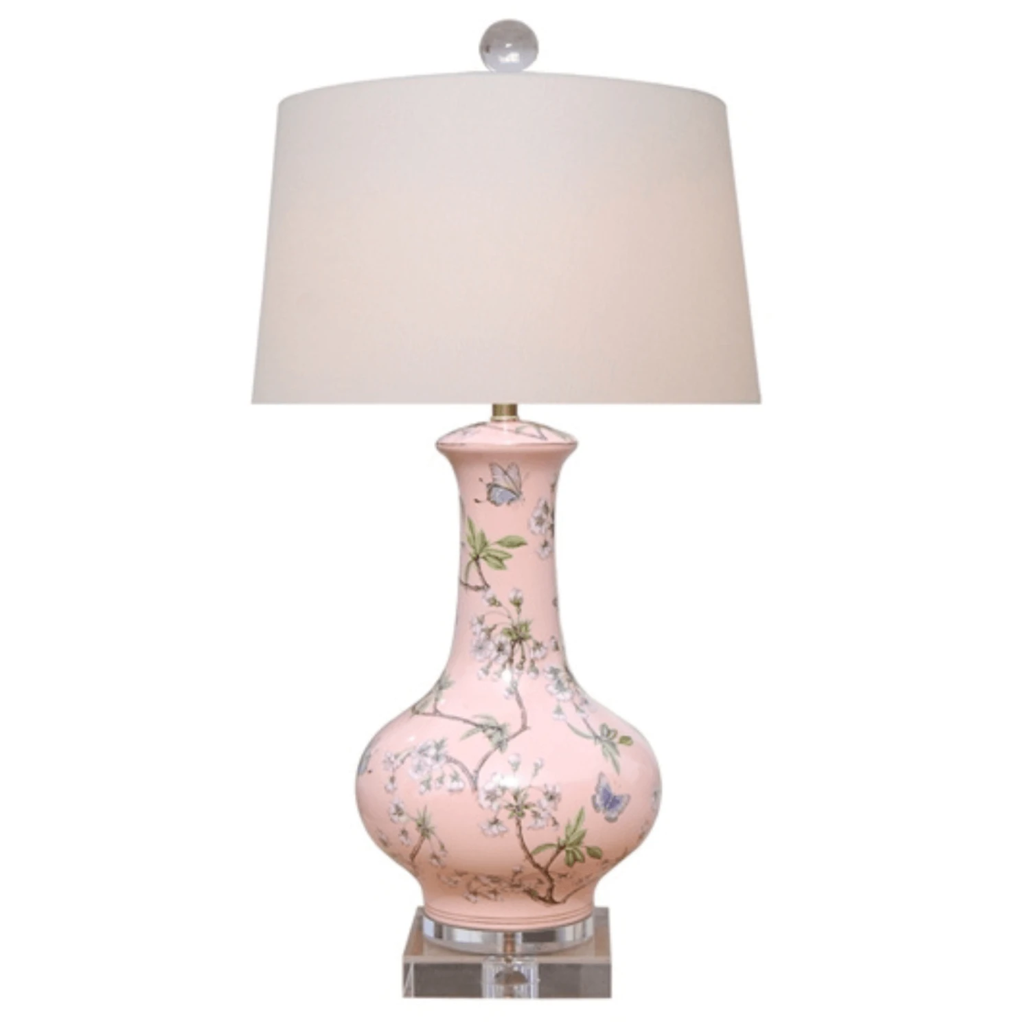 Pink Porcelain Cherry Blossom Vase Lamp With Crystal Base 1 Pink Porcelain Cherry Blossom Vase Lamp With Crystal Base