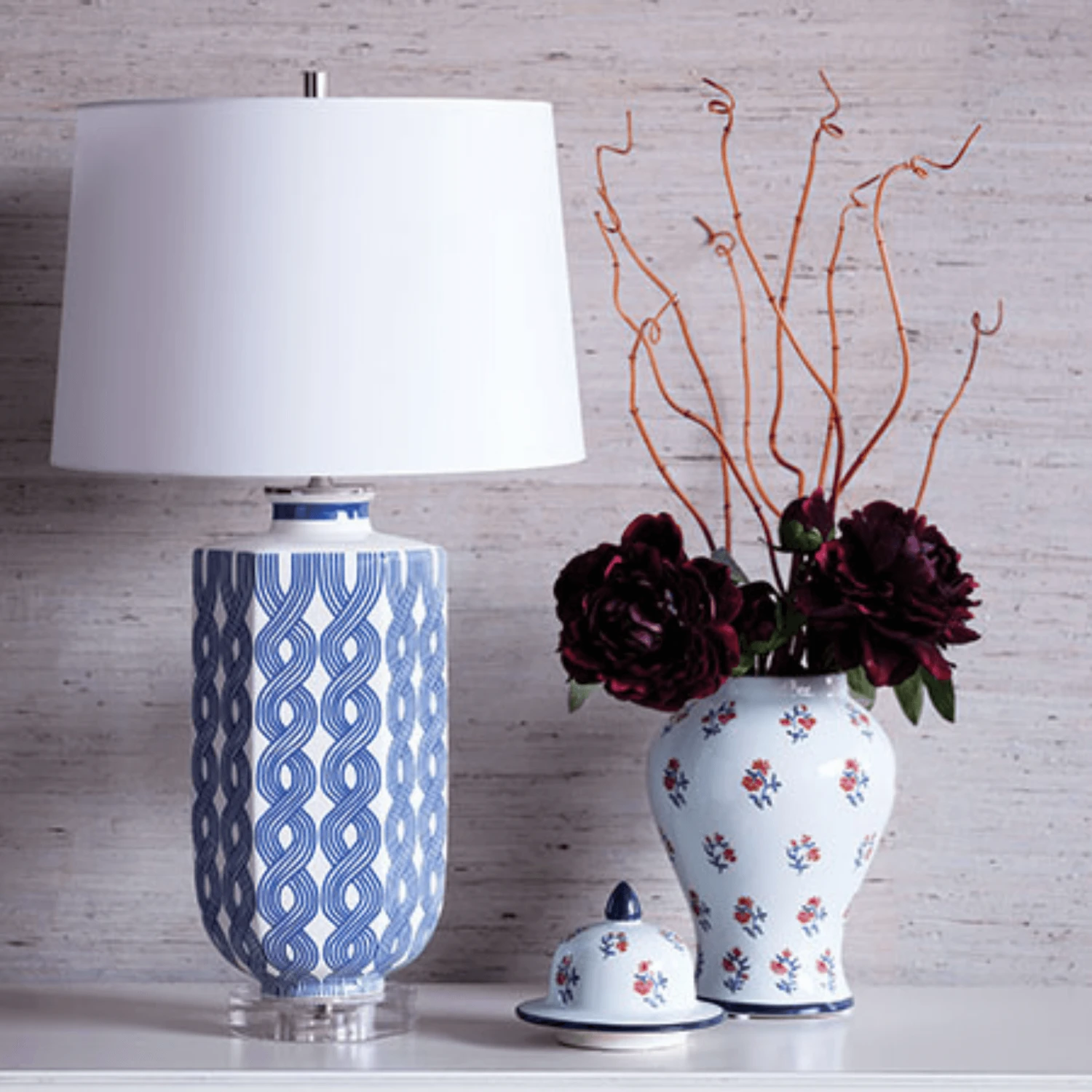 Porcelain Hexagon Lamp With Blue & Cream Woven Design & Drum Shade 2 Porcelain Hexagon Lamp With Blue & Cream Woven Design & Drum Shade - Image 2