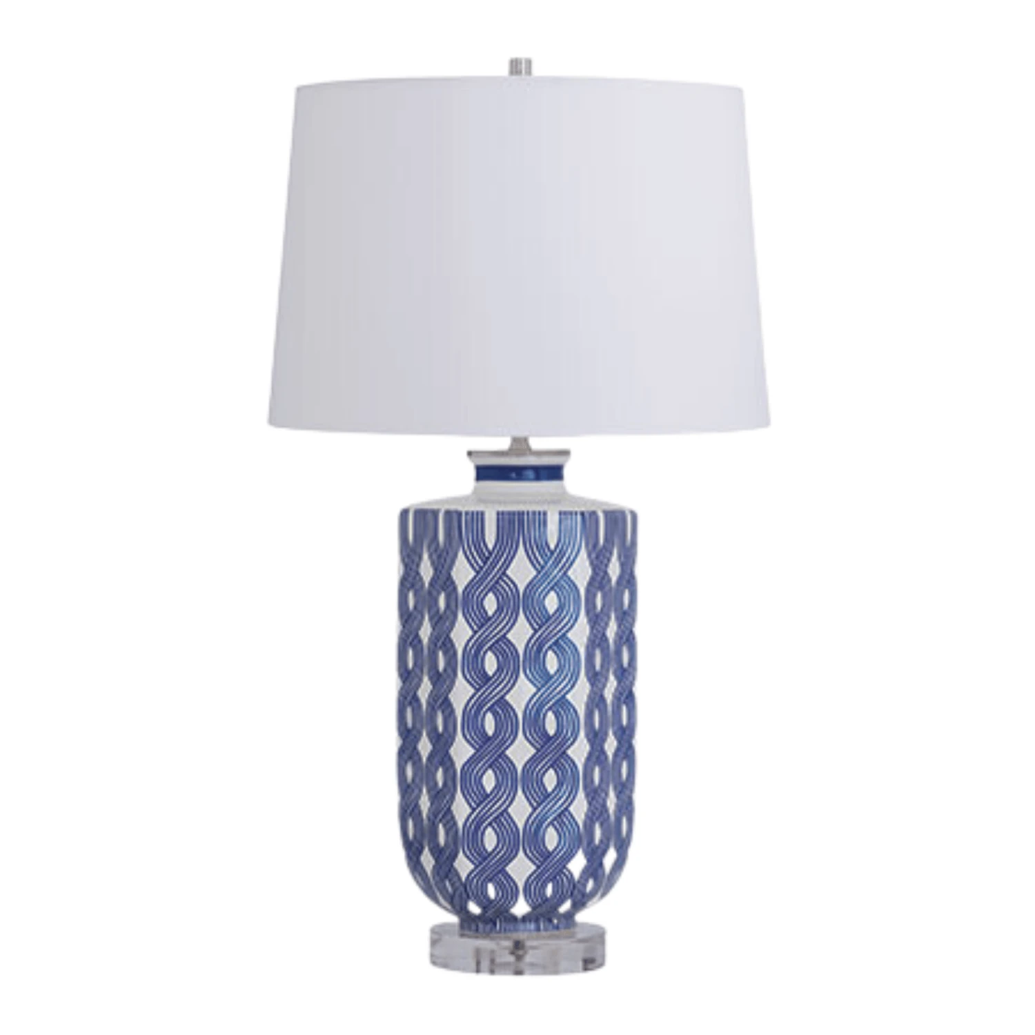 Porcelain Hexagon Lamp With Blue & Cream Woven Design & Drum Shade 3 Porcelain Hexagon Lamp With Blue & Cream Woven Design & Drum Shade - Image 3