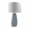 Porcelain Hexagon Lamp With Blue Fan Motif & Drum Shade