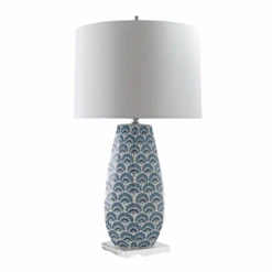 Porcelain Hexagon Lamp With Blue Fan Motif & Drum Shade