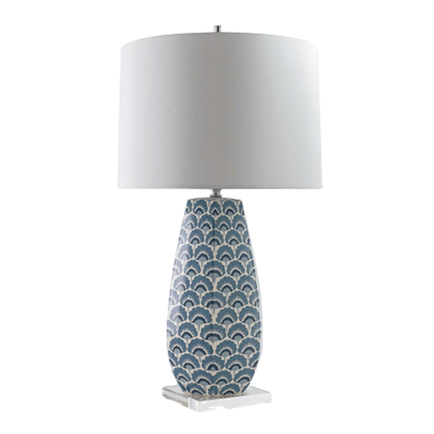 Porcelain Hexagon Lamp With Blue Fan Motif & Drum Shade 1 Porcelain Hexagon Lamp With Blue Fan Motif & Drum Shade