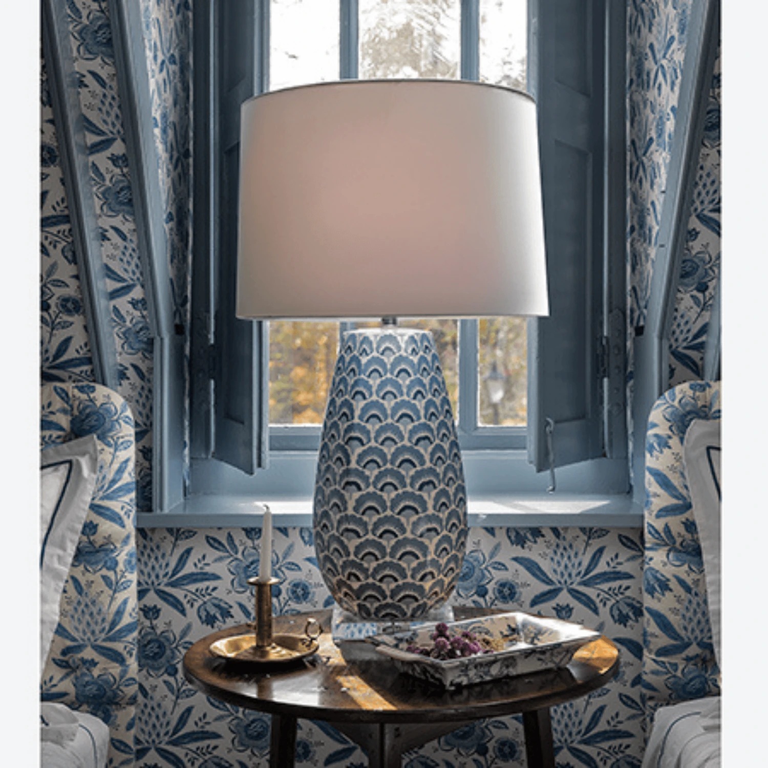 Porcelain Hexagon Lamp With Blue Fan Motif & Drum Shade 2 Porcelain Hexagon Lamp With Blue Fan Motif & Drum Shade - Image 2