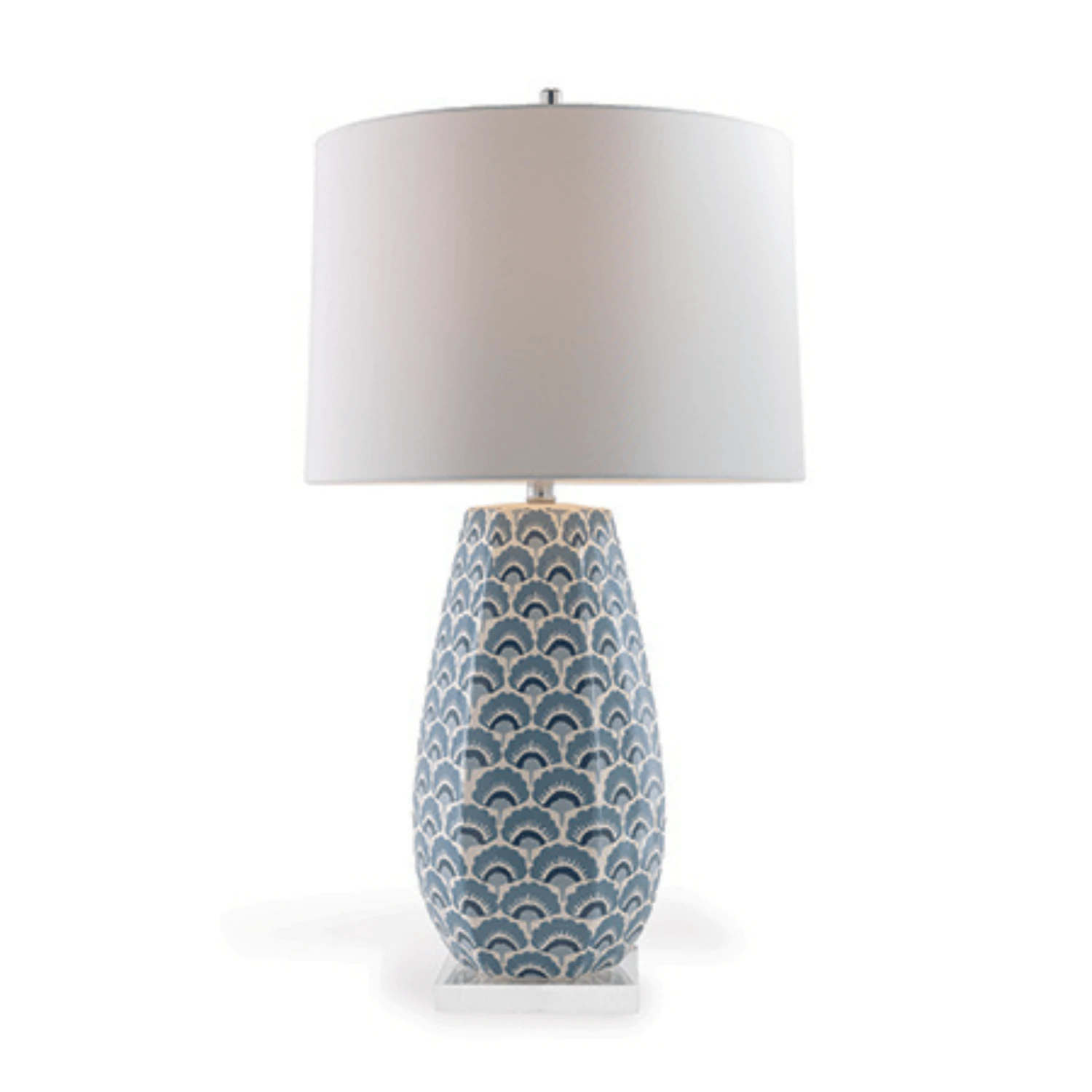 Porcelain Hexagon Lamp With Blue Fan Motif & Drum Shade 4 Porcelain Hexagon Lamp With Blue Fan Motif & Drum Shade - Image 4