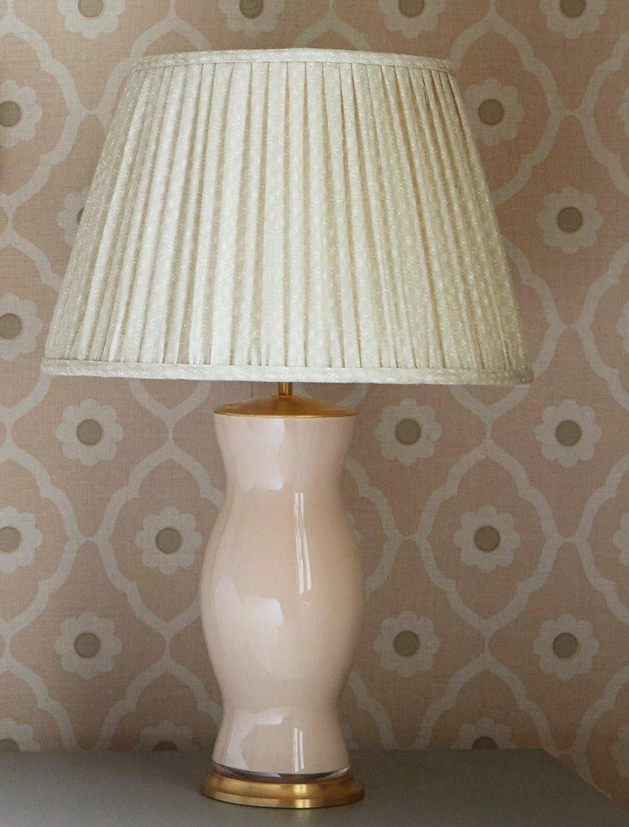 Soft Pink Handblown Glass Lamp With Brass Accents 1 Soft Pink Handblown Glass Lamp With Brass Accents
