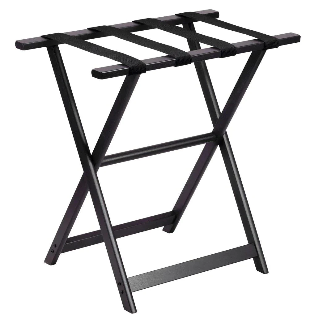 Tall Black Wood Luggage Rack With 4 Black Nylon Straps 1 Tall Black Wood Luggage Rack With 4 Black Nylon Straps