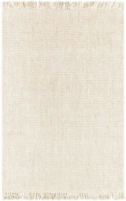 Textured Cream Hand Woven Jute Rug With Fringe, Available In A Variety Of Sizes