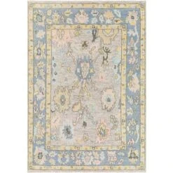 Ushak Blue, Yellow, & Pink Hand Knotted Wool Area Rug -Available In A Variety Of Sizes