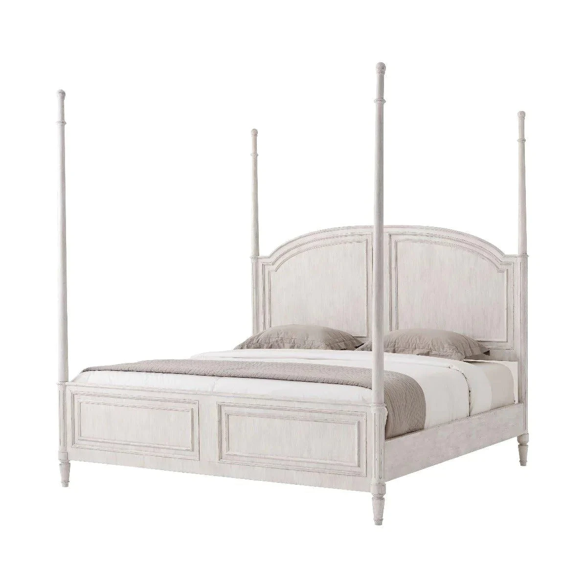 Vale Four Poster King Bed Frame With Arched Paneled Headboard And Baton Posts, In White Distressed Finish 1 Vale Four Poster King Bed Frame With Arched Paneled Headboard And Baton Posts, In White Distressed Finish