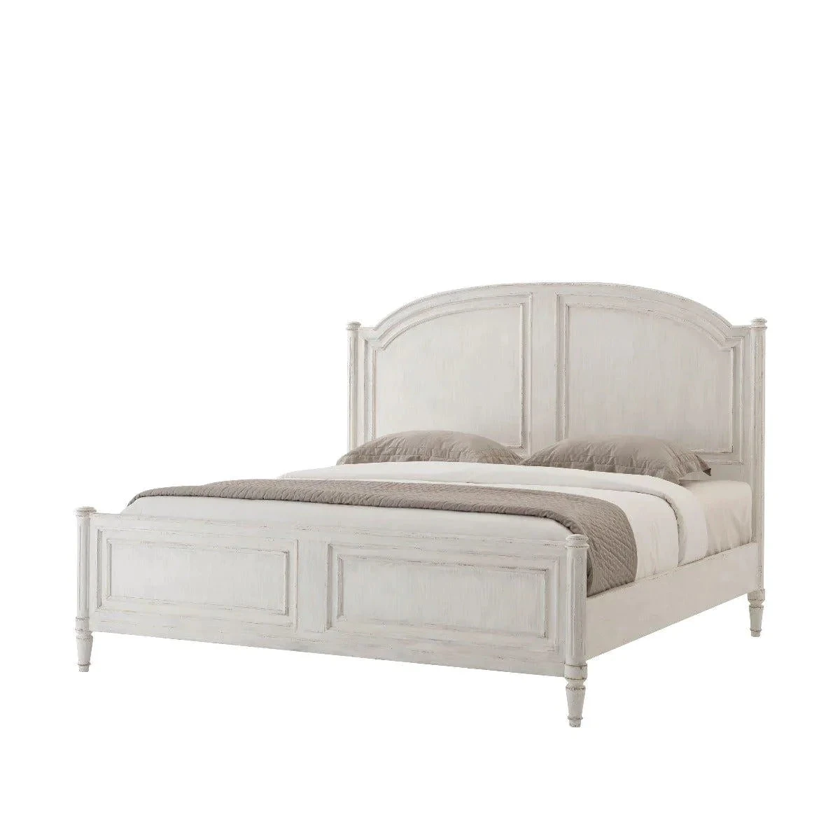 Vale Four Poster King Bed Frame With Arched Paneled Headboard And Baton Posts, In White Distressed Finish 2 Vale Four Poster King Bed Frame With Arched Paneled Headboard And Baton Posts, In White Distressed Finish - Image 2