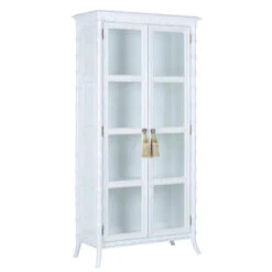 White Bamboo Inspired Linen Cabinet With Glass Doors