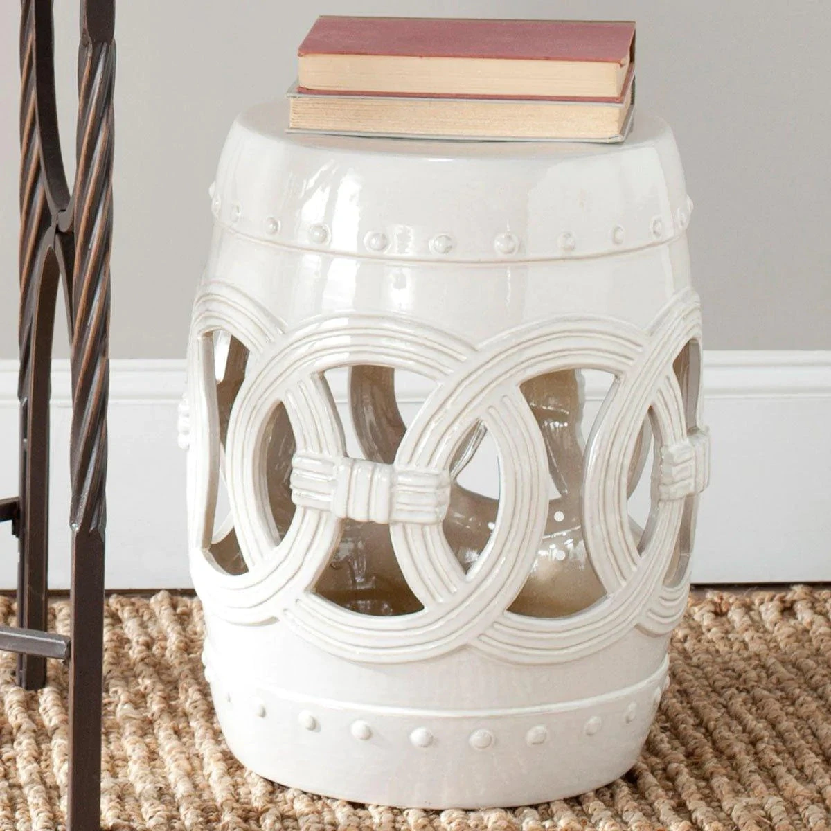 Safavieh White Ceramic Garden Stool With Linked Coin Motif 2 Safavieh White Ceramic Garden Stool With Linked Coin Motif - Image 2