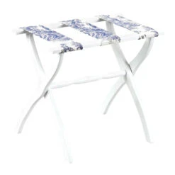 White Contour Leg Wood Luggage Rack With 3 Blue Toile Straps