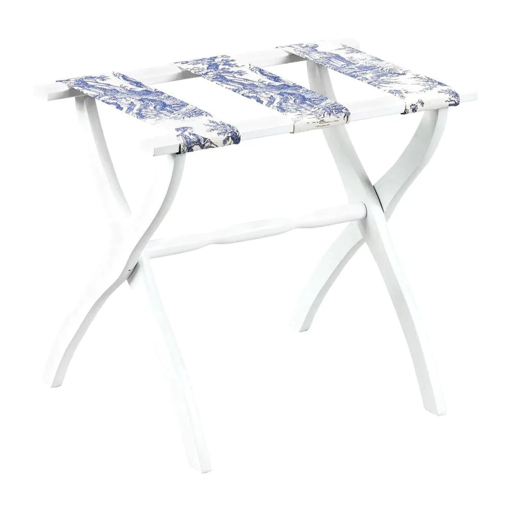 White Contour Leg Wood Luggage Rack With 3 Blue Toile Straps 1 White Contour Leg Wood Luggage Rack With 3 Blue Toile Straps