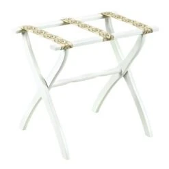 White Contour Leg Wood Luggage Rack With 3 Petit Point Straps