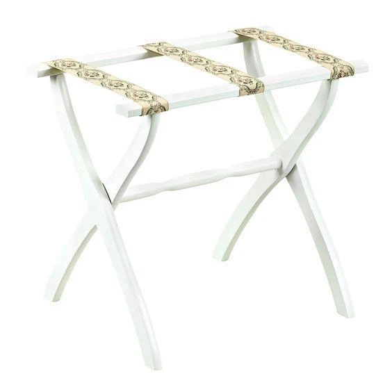 White Contour Leg Wood Luggage Rack With 3 Petit Point Straps 1 White Contour Leg Wood Luggage Rack With 3 Petit Point Straps