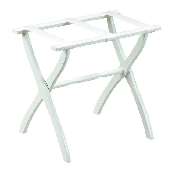 White Contour Leg Wood Luggage Rack With 3 White Nylon Straps 1 White Contour Leg Wood Luggage Rack With 3 White Nylon Straps
