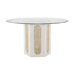White Hexagonal Wood & Rattan Dining Table With Glass Top