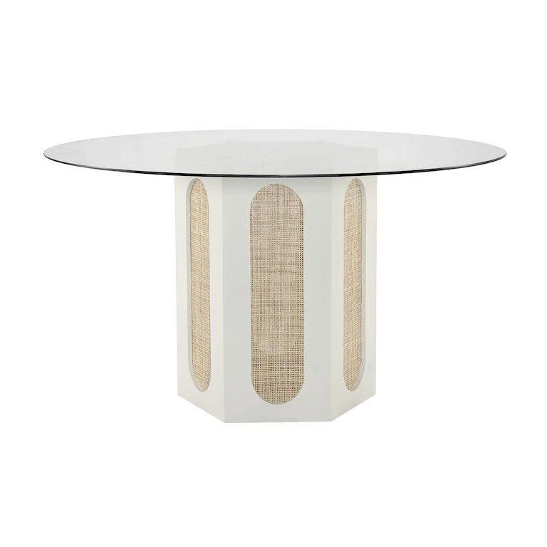 White Hexagonal Wood & Rattan Dining Table With Glass Top 1 White Hexagonal Wood & Rattan Dining Table With Glass Top