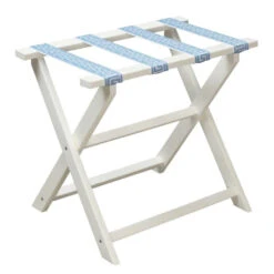 White Straight Leg ECO Luggage Rack With 4 White & Sky Blue Greek Key Straps
