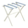 White Straight Leg Wood Luggage Rack With 4 White & Sky Blue Greek Key Straps