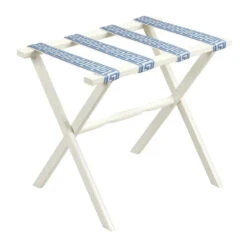 White Straight Leg Wood Luggage Rack With 4 White & Sky Blue Greek Key Straps