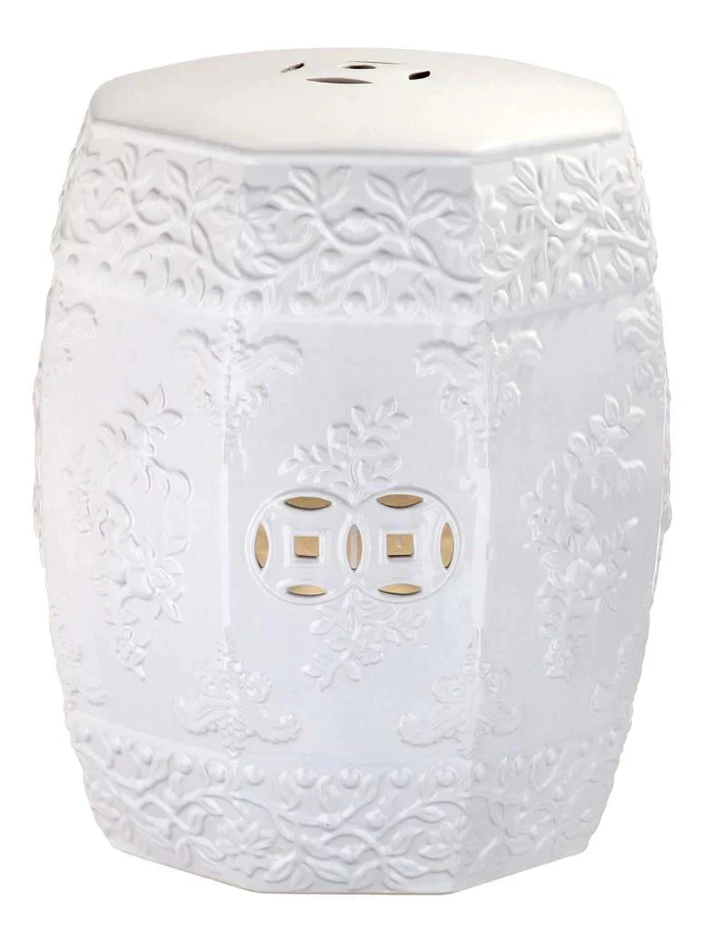 Safavieh White Textured Floral Design Ceramic Garden Stool 1 Safavieh White Textured Floral Design Ceramic Garden Stool