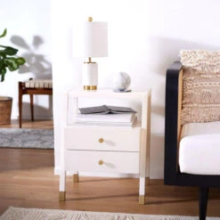 Safavieh White Two Drawer One Shelf Side Table With Gold Accents -Famous Furniture Store white two drawer one shelf side table with gold accents side and accent tables the well appointed house 5 a63bd038 61ad 410c 8027 36b8d3fe0dc8