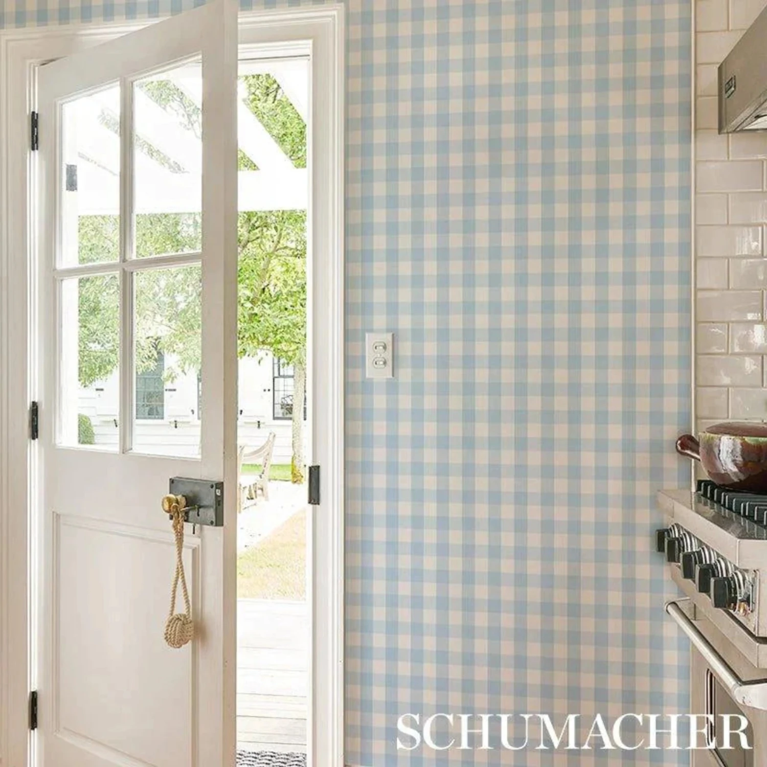 Schumacher Willa Small Check Wallpaper In Blue 2 Schumacher Willa Small Check Wallpaper In Blue - Image 2